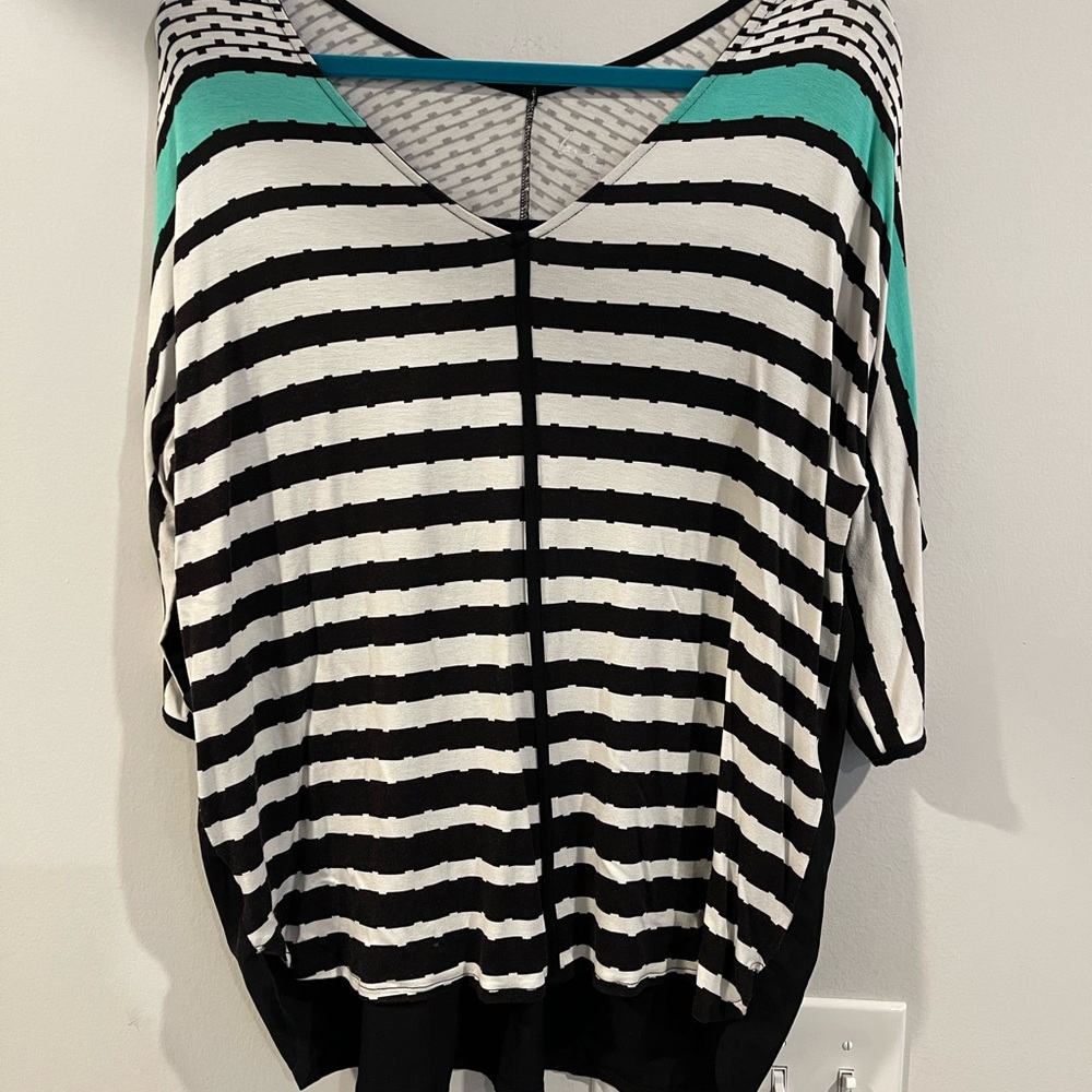 Lane Bryant Black and White Striped Blouse with Teal Accents